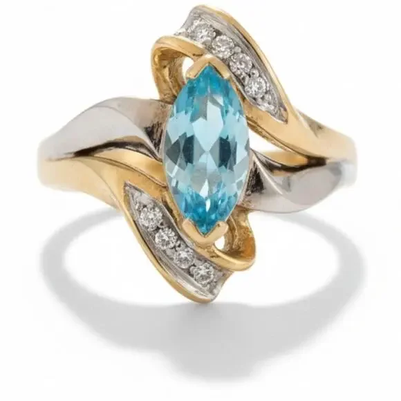 Vintage Marquise Topaz and Round Diamonds Ring 10 KT Yellow and White Gold 7.5 - Picture 1 of 7